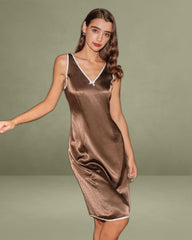 Brown Contrasting V Neck Satin Midi Dress