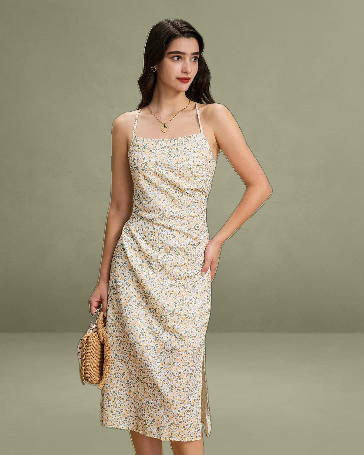 Yellow Floral Ruched Slip Midi Dress