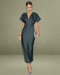 Grey Green Satin Cowl Sleeve Midi Dress