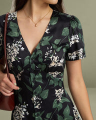 Black V Neck Floral Midi Dress