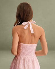 Pink Embroidery Halter Midi Dress