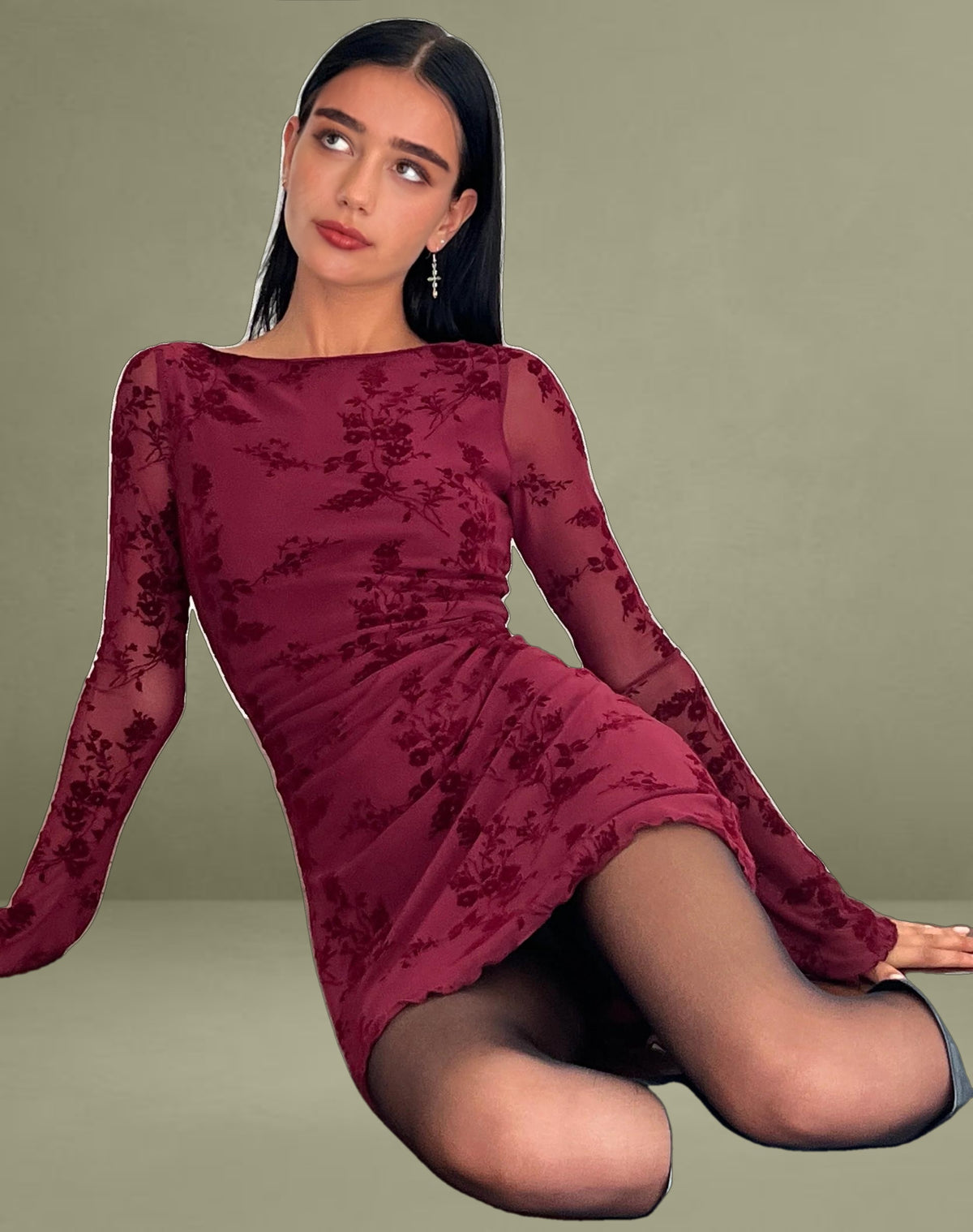 Sevila Long Sleeve Mini Dress in Flocked Botanical Flower Maroon