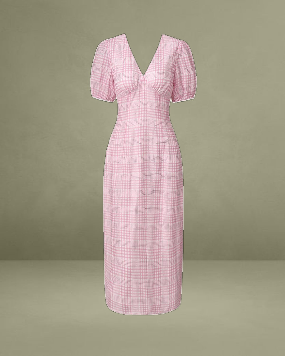 Pink Plaid V-Neck Midi Dress