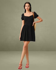 Black Sweetheart Neck Puffed Sleeve Mini Dress