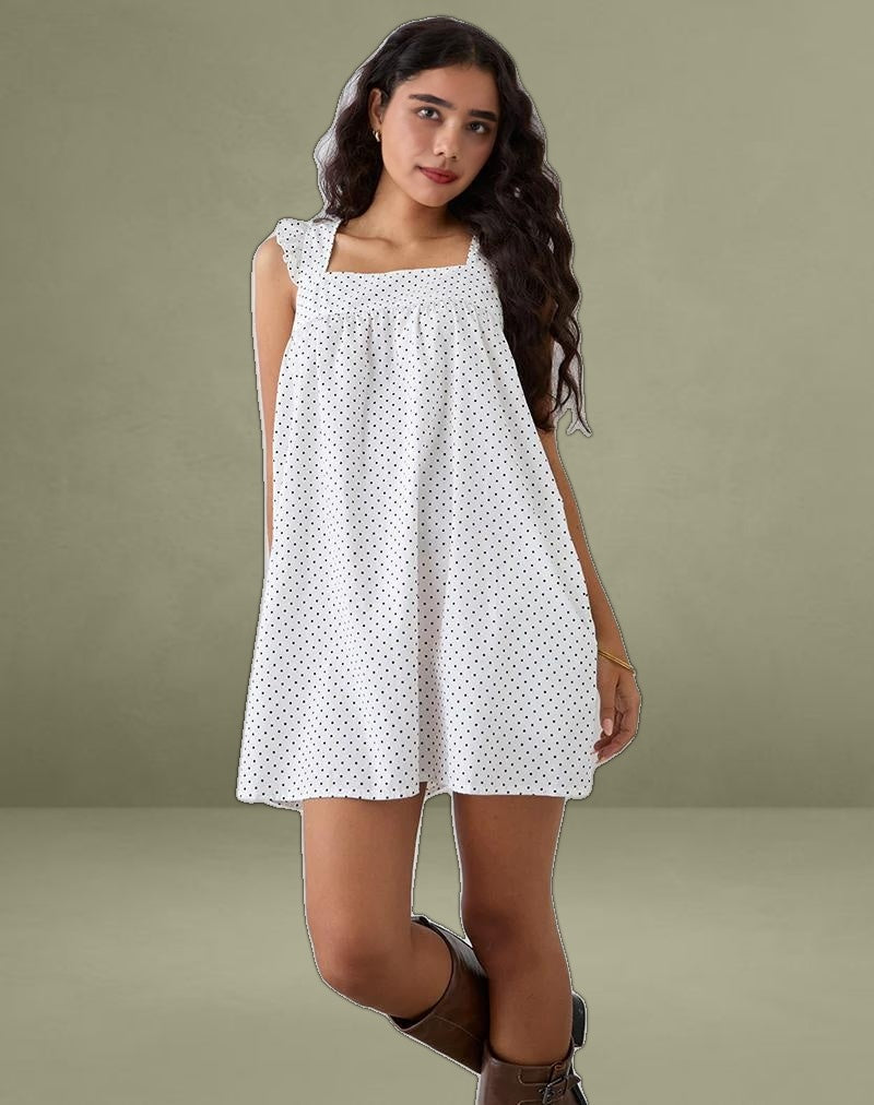 Sanaly Mini Dress in White with Black Micro Polka