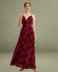 Red Floral Flocked Mesh Slit Long Dress