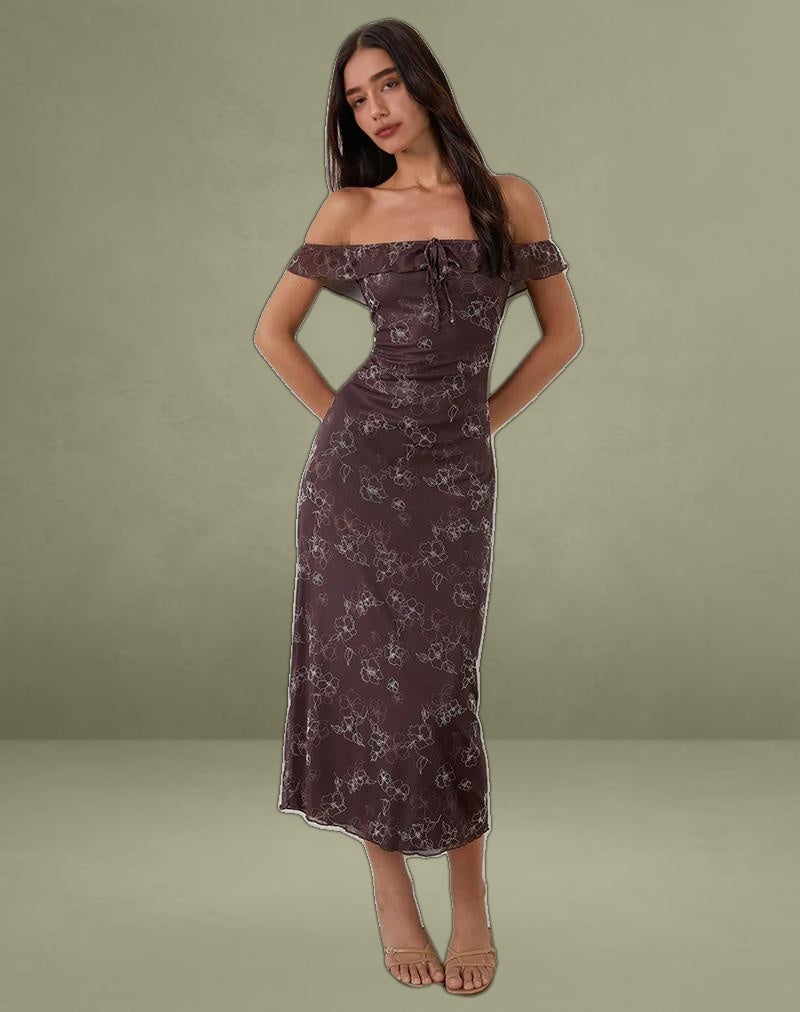 Catrin Midi Dress in Doodle Flower Flock Brown