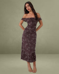 Catrin Midi Dress in Doodle Flower Flock Brown