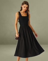 Black Shirred Sleeveless Midi Dress