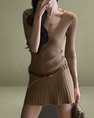 Khaki V Neck A-Line Sweater Dress