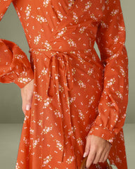 Orange Floral Wrap Midi Dress