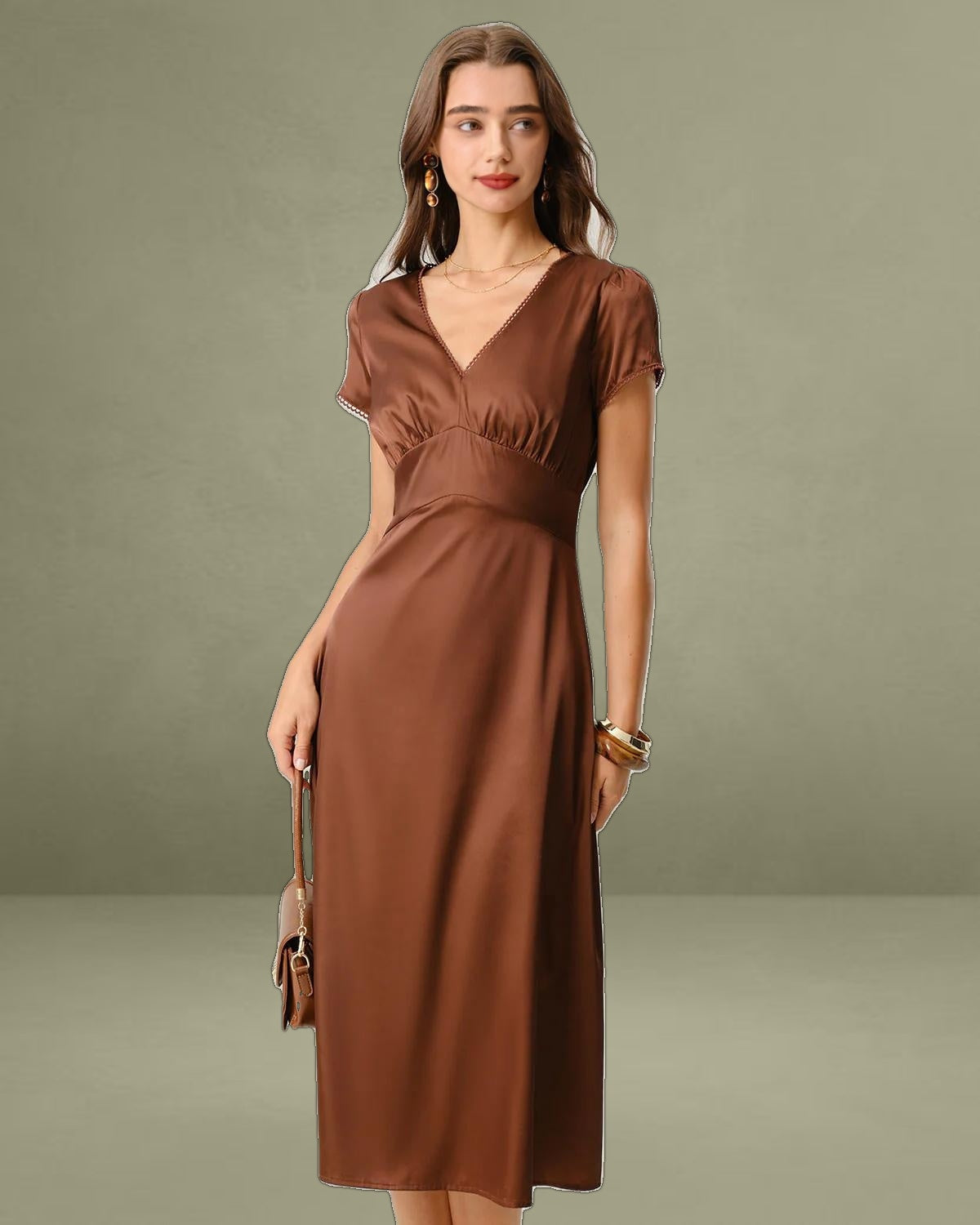 Brown V Neck Cap Sleeve Midi Dress