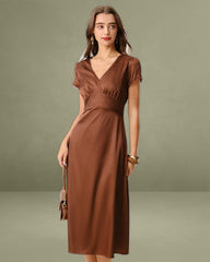 Brown V Neck Cap Sleeve Midi Dress