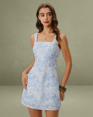 Blue Floral Square Neck A-Line Slip Mini Dress