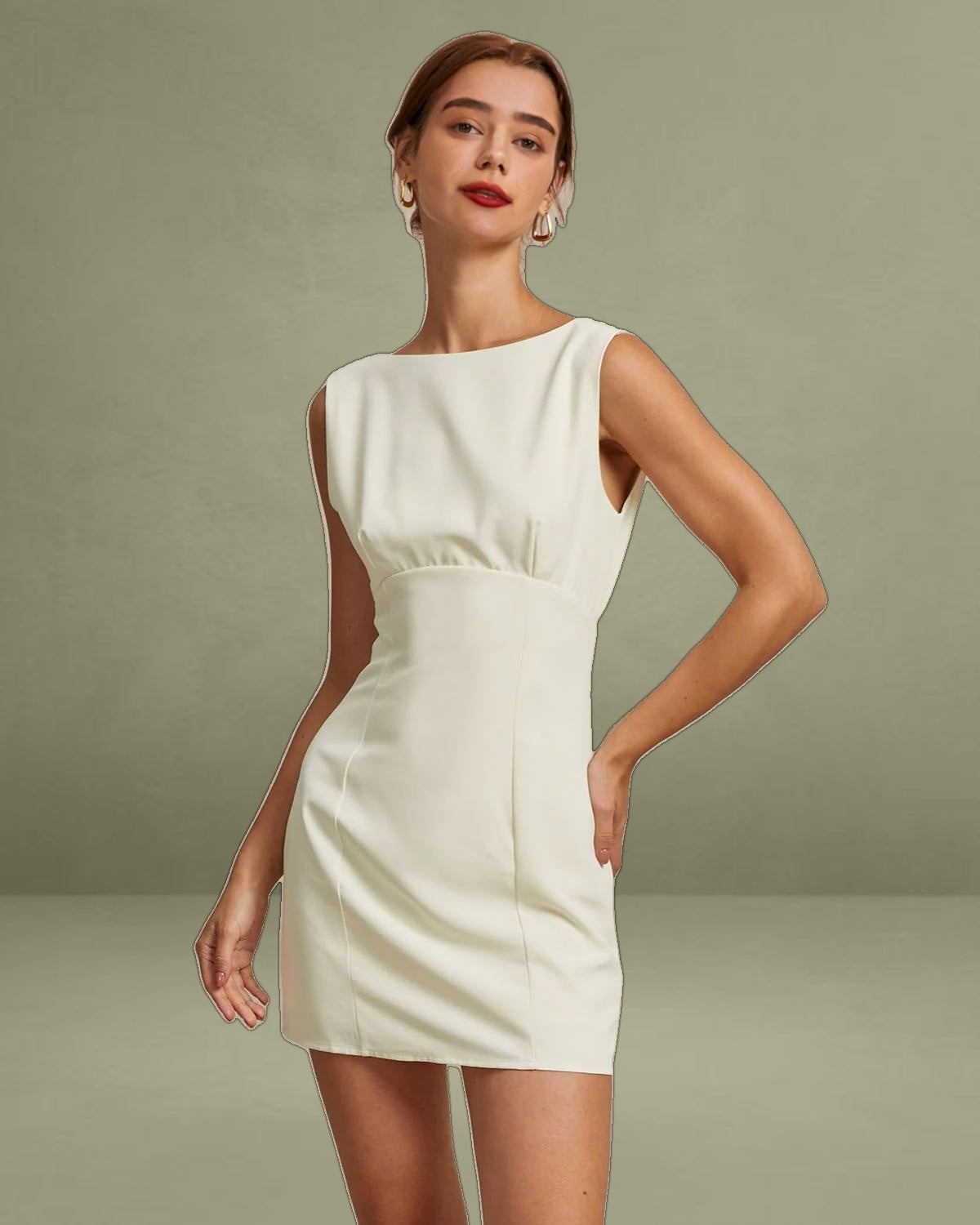 The Beige Boat Neck Back Bowknot Mini Dress