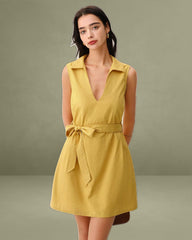 Yellow Tie Waist Sleeveless Mini Dress