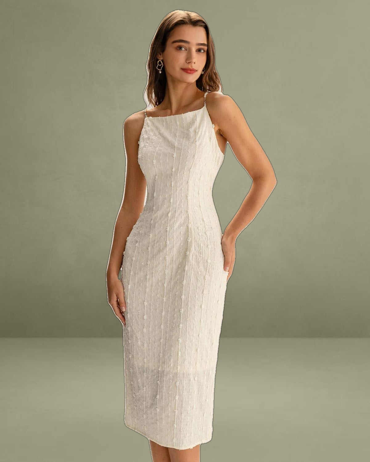 Beige Textured Beaded Slip Midi Dress