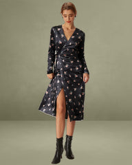 The Black V Neck Floral Velvet Wrap Midi Dress