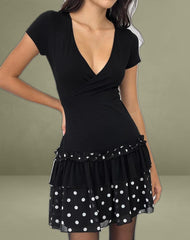 Navya Wrap Mini Dress in Polka Black and White