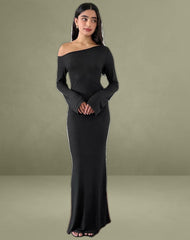 Aldiana Long Sleeve Asymmetric Maxi Dress in Sheer Knit Black