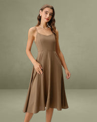 Khaki A-Line Pleated Slip Midi Dress