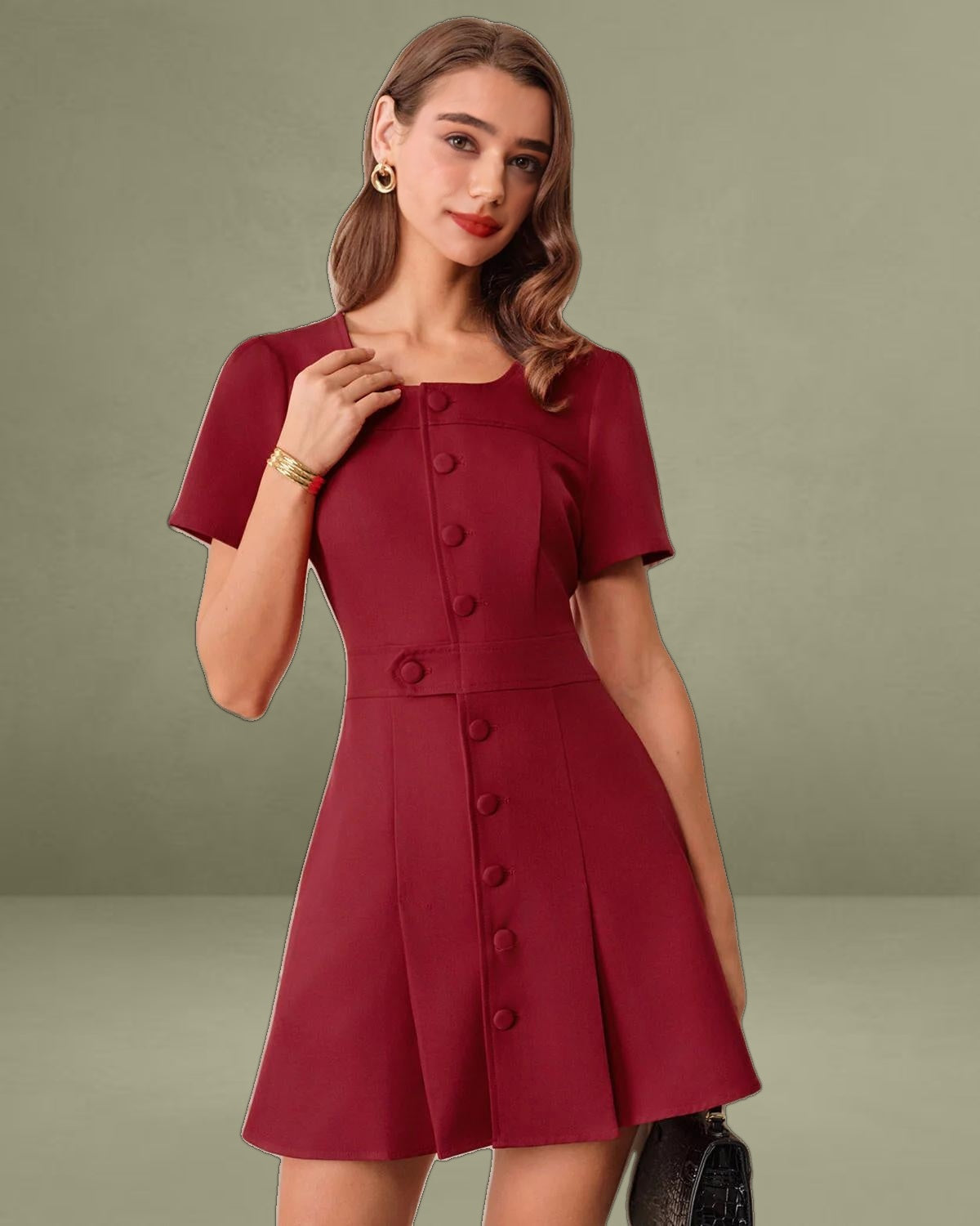 Red U Neck A-Line Mini Dress