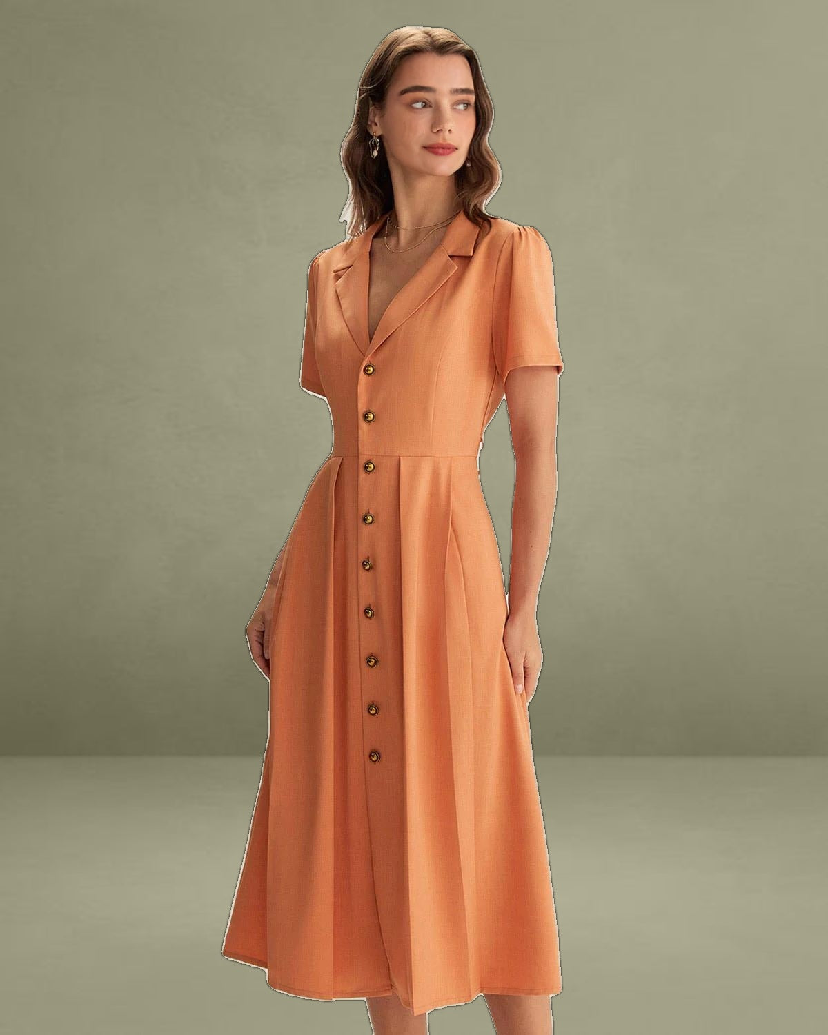 Orange V Neck Pleated Button Midi Dress