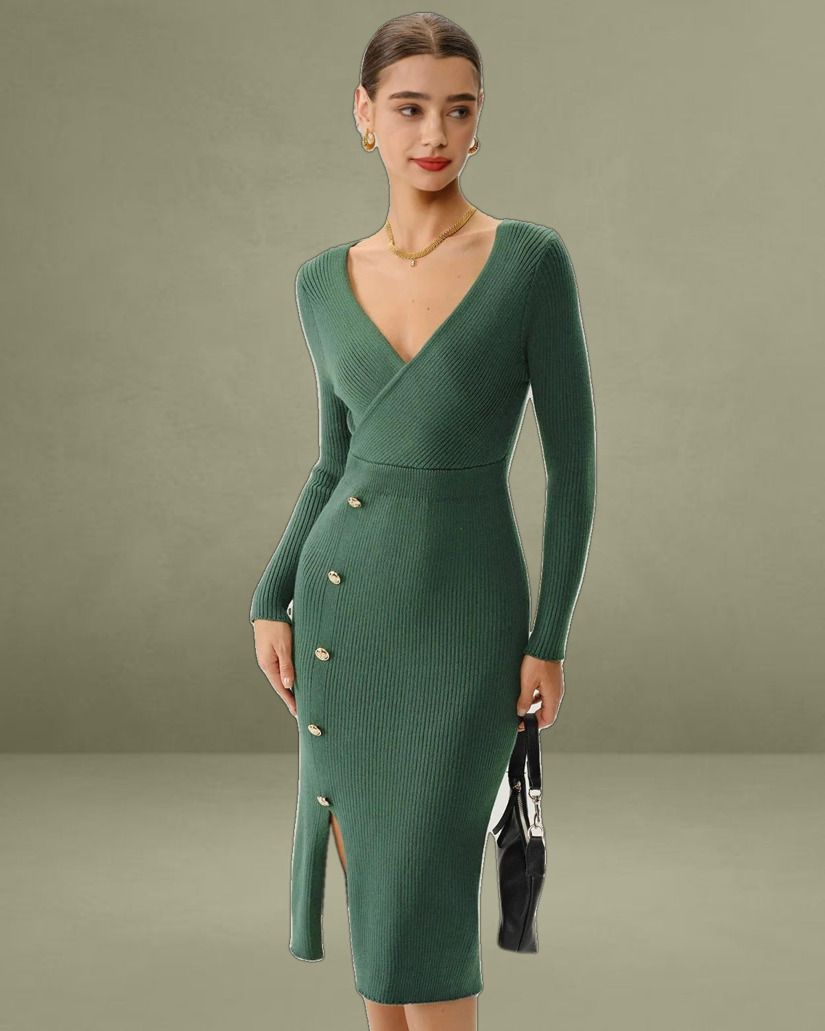 Green Slit Wrap Sweater Dress