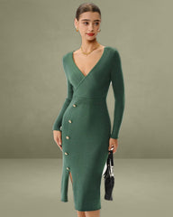 Green Slit Wrap Sweater Dress