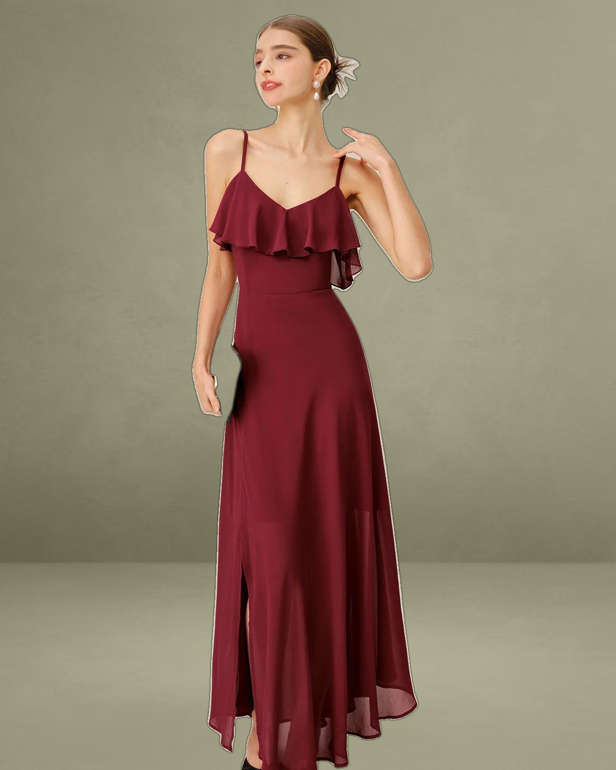 Wine Red Chiffon Ruffle Slip Maxi Dress
