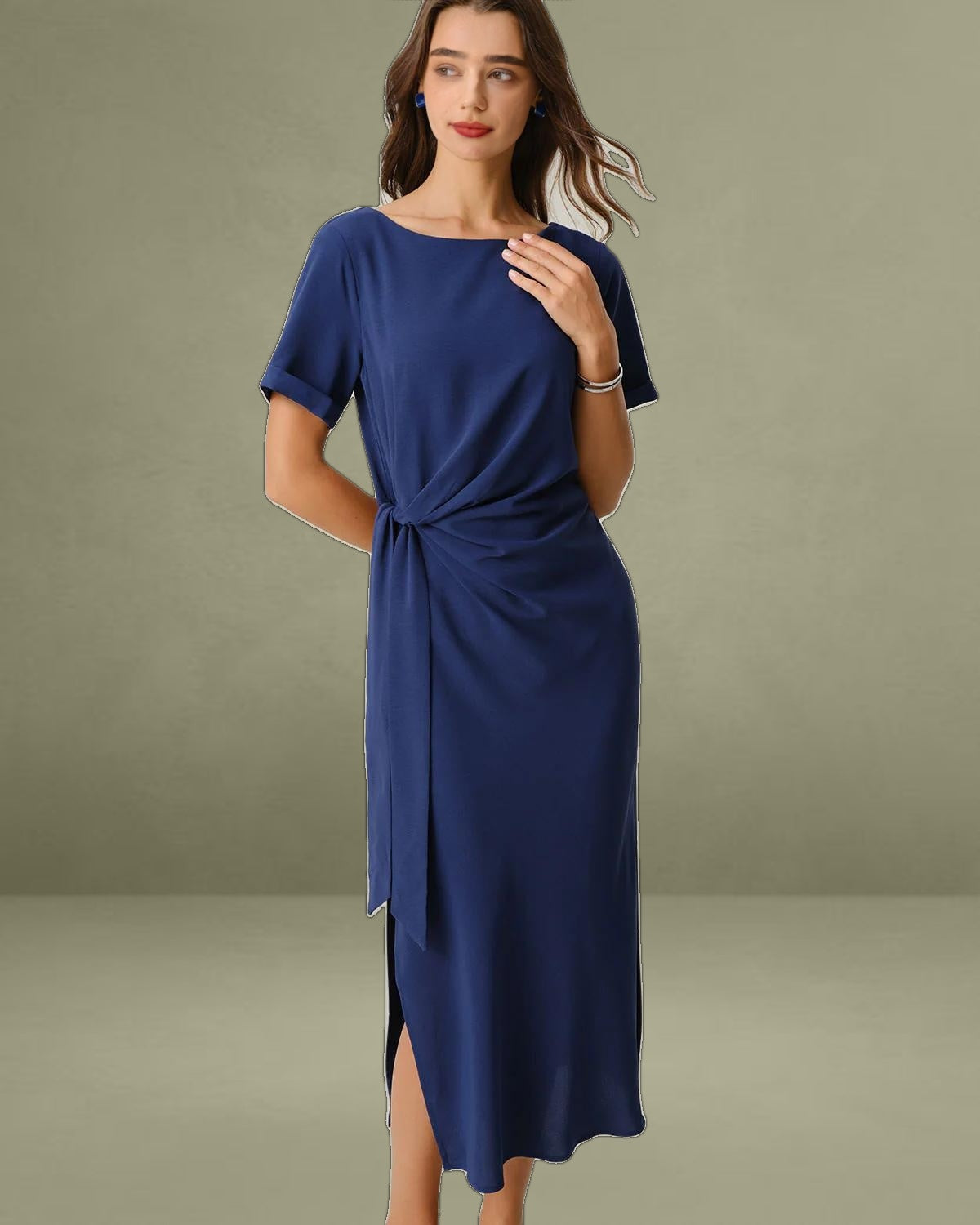 Blue Round Neck Short Sleeve Maxi Dress