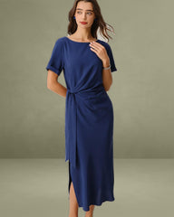 Blue Round Neck Short Sleeve Maxi Dress