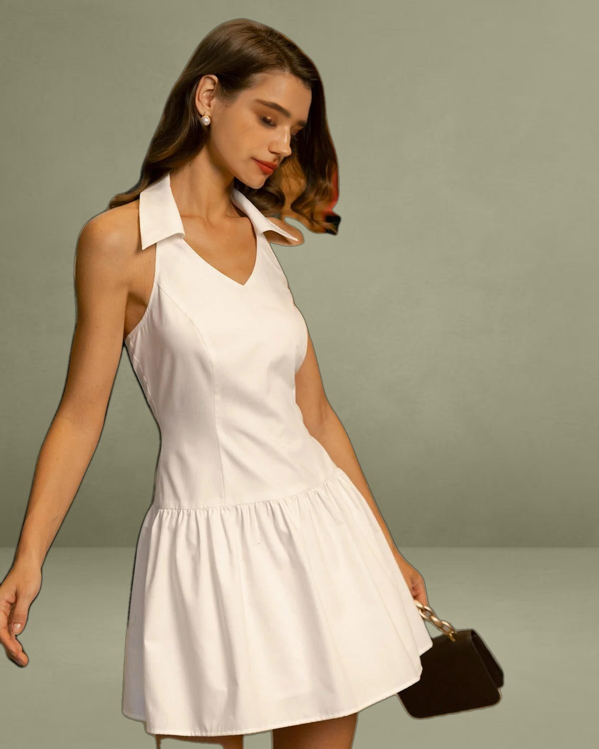 White Ruched Halter Backless Mini Dress