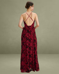 Red Floral Flocked Mesh Slit Long Dress