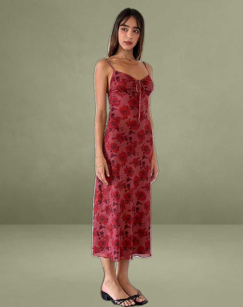 Coya Midi Dress in Fairy Floral Burgundy Flock