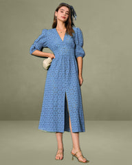 The Blue Puff Sleeve Cutout Slit Maxi Dress