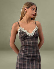 Delfina Midi Dress in Lace Brown Check