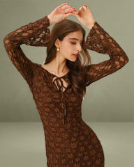 Brown Floral Bell Sleeve Maxi Dress