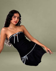 Petula Mini Dress in Black with Blue Contrast Ribbon