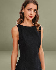 Black Boat Neck Corduroy Sleeveless Mini Dress
