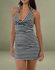 Pramita Halterneck Plunge Backless Mini Dress in Black and Grey Stripe