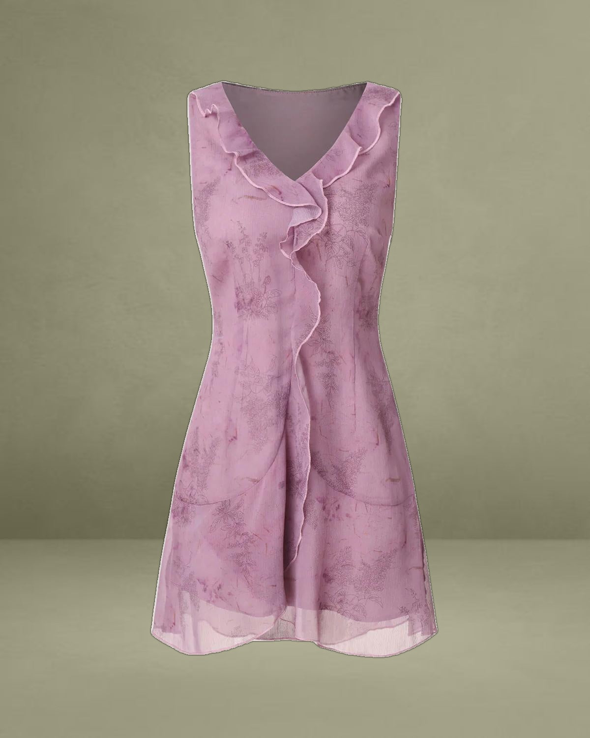 Purple Floral V Neck Ruffle Sleeveless Mini Dress