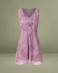 Purple Floral V Neck Ruffle Sleeveless Mini Dress