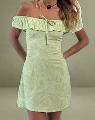 Kenja Bardot Mini Dress in Retro Paisley Lime
