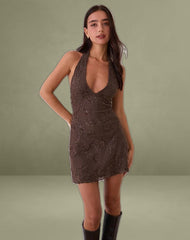 Codami Halterneck Mini Dress in Sequin Knit Dark Brown