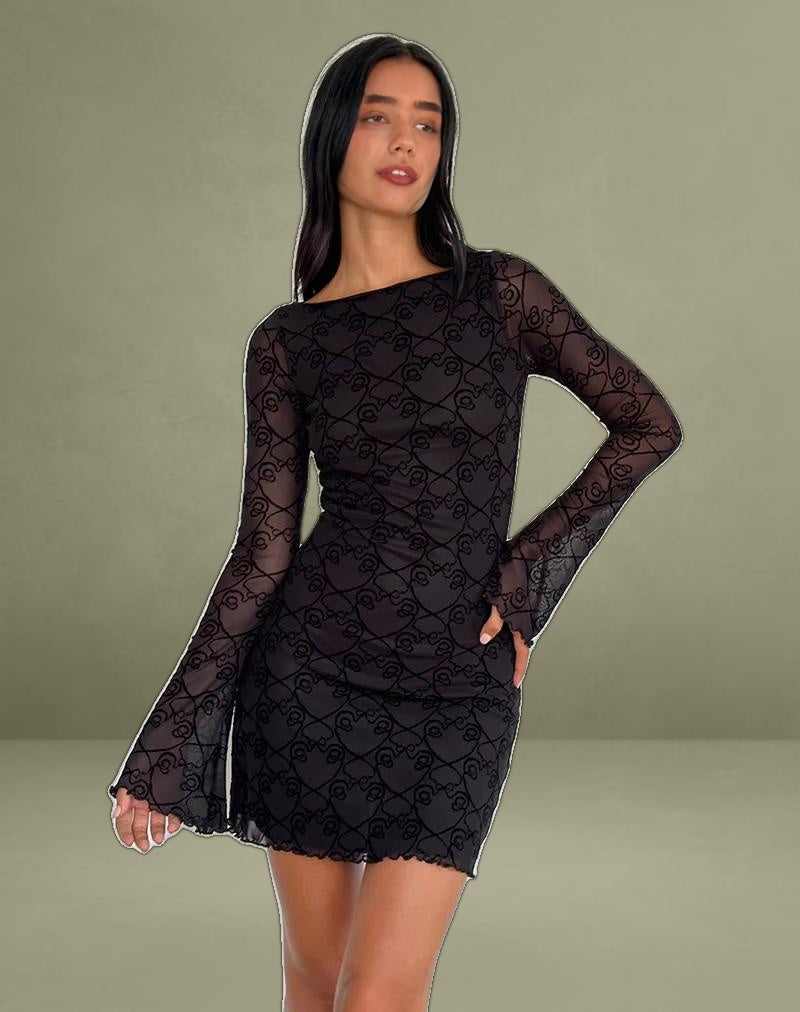Sevila Long Sleeve Mini Dress in Black Queen of Heart Flock