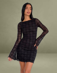 Sevila Long Sleeve Mini Dress in Black Queen of Heart Flock