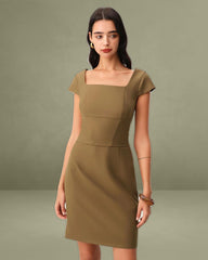 Brown Square Neck Cap Sleeve Mini Dress