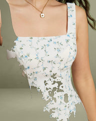 White Floral Square Neck Slip Mini Dress