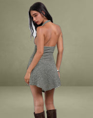 Yelena Halter Neck Mini Dress in Glitter Knit Khaki